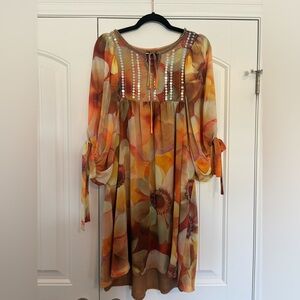 Argenti lined floral sequin orange and yellow dress, size 8